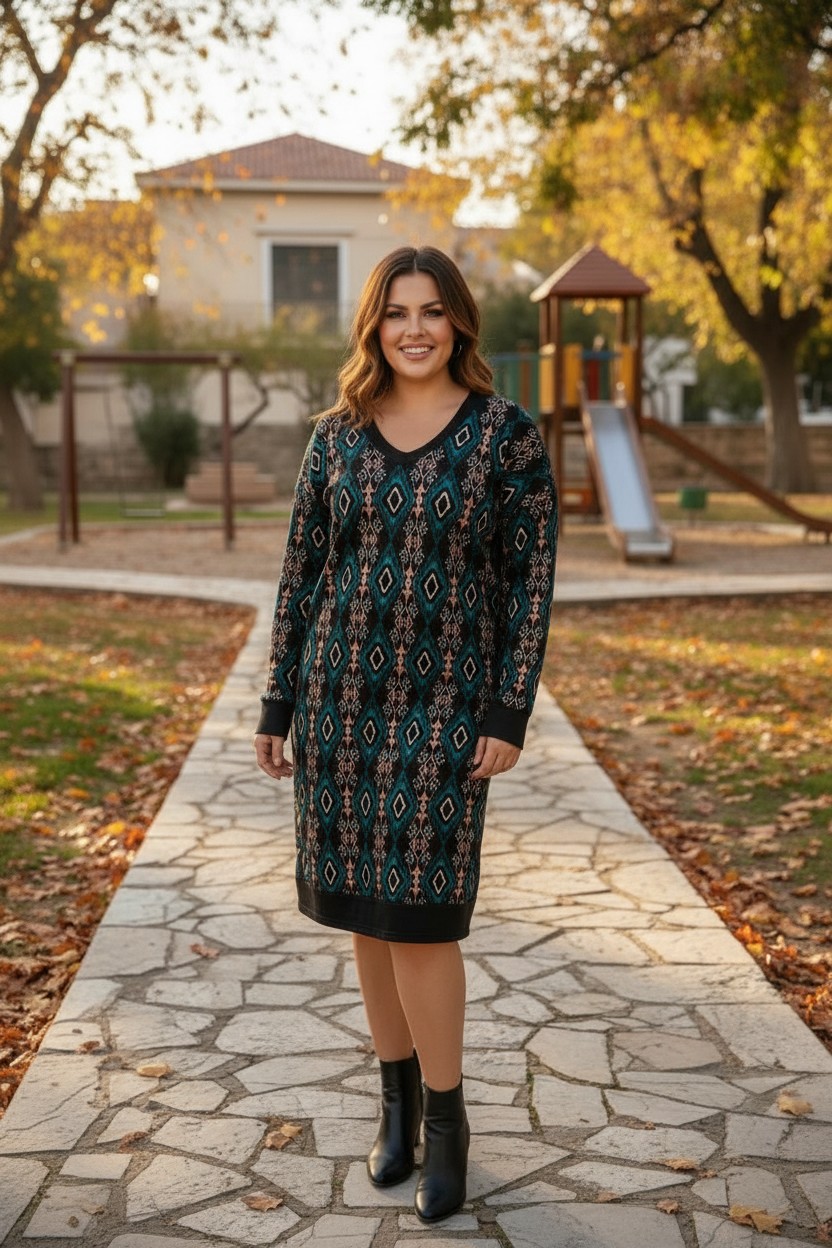 Φόρεμα Midi Πλεχτό με Λεπτομέρειες Δερματίνης