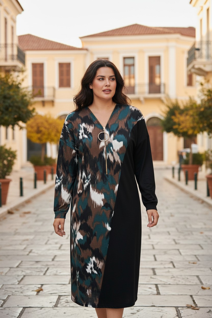 Πλεχτό Φόρεμα Print με Φερμουάρ